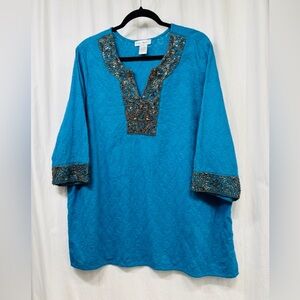 Vintage Ulla Popken Top Blouse Womens Relaxed Fit 20/22 Blue Brown Beaded V-Neck